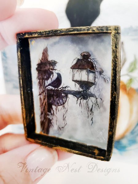 Crow and Lantern No.1:3 Dollhouse Miniature Handmade Wooden Framed Art image 2