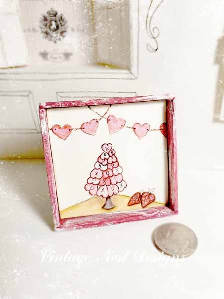 Hearts Bunting No.1 Dollhouse Miniature Handmade Wooden Framed Art image 3