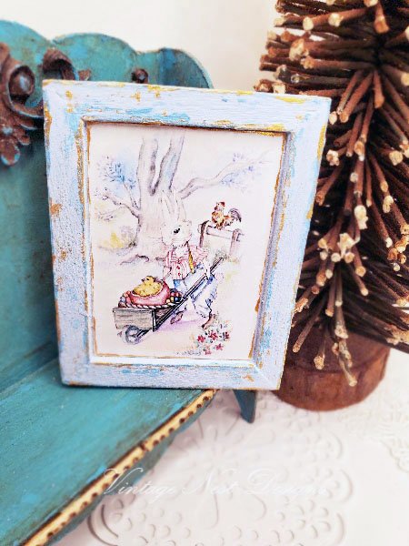 Bunny in Cart No.1:1 Dollhouse Miniature Handmade Wooden Framed Art image 3