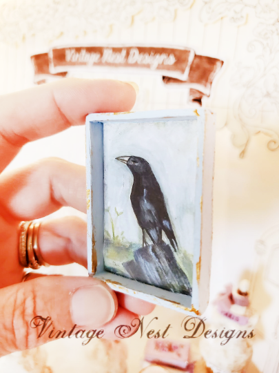 Old Crow No.1:2 Dollhouse Miniature Handmade Wooden Framed Art image 1
