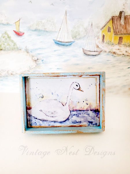 Swan No.2:1 Dollhouse Miniature Handmade Wooden Framed Art image 0