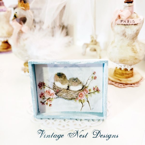 Bird Nest Roses No.5:1 Dollhouse Miniature Handmade Wooden Framed Art image 0