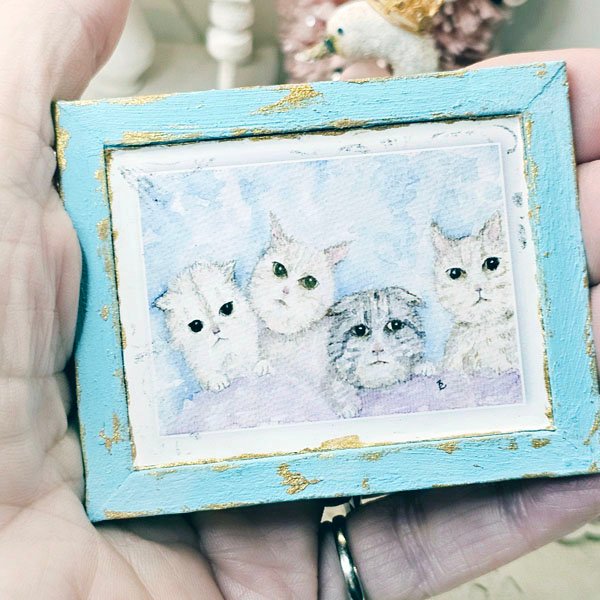 Kittens No.5:2 Dollhouse Miniature Handmade Wooden Framed Art image 1