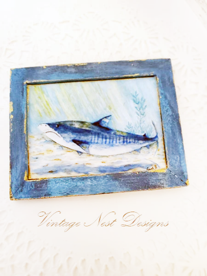 Shark No.1:1 Dollhouse Miniature Handmade Wooden Framed Art image 2