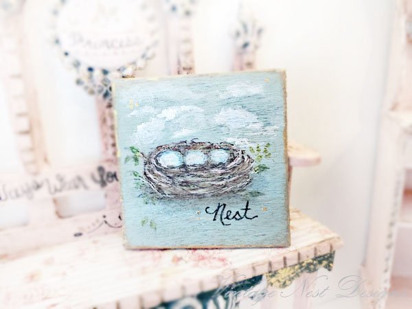 Bird Nest No.2:2 Dollhouse Miniature Original Painting Handmade Wooden Framed Art image 0