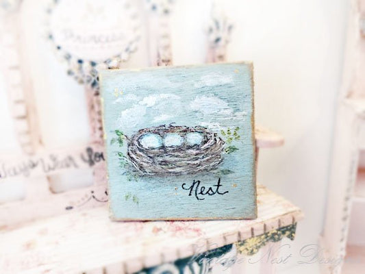 Bird Nest No.2:2 Dollhouse Miniature Original Painting Handmade Wooden Framed Art image 0