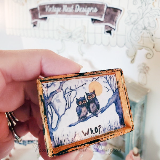 Owls, One Who No.1:1 Dollhouse Miniature Handmade Wooden Framed Art image 2