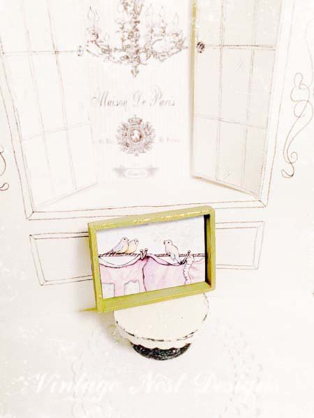 Laundry Birds No.1:1 Dollhouse Miniature Handmade Wooden Framed Art image 6