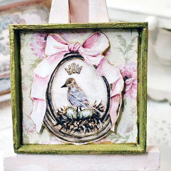 Bird Nest Green Eggs No.1 Dollhouse Miniature Handmade Framed Art image 1