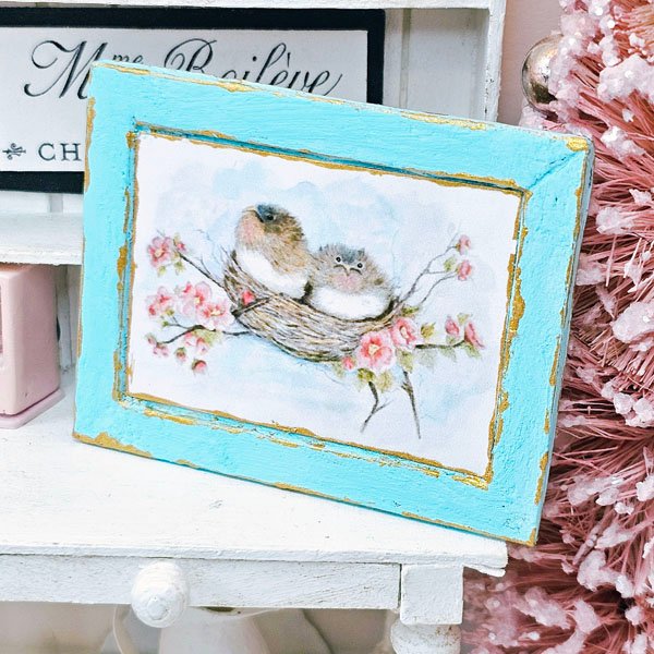 Bird Nest Roses No.5:2 Dollhouse Miniature Handmade Wooden Framed Art image 5