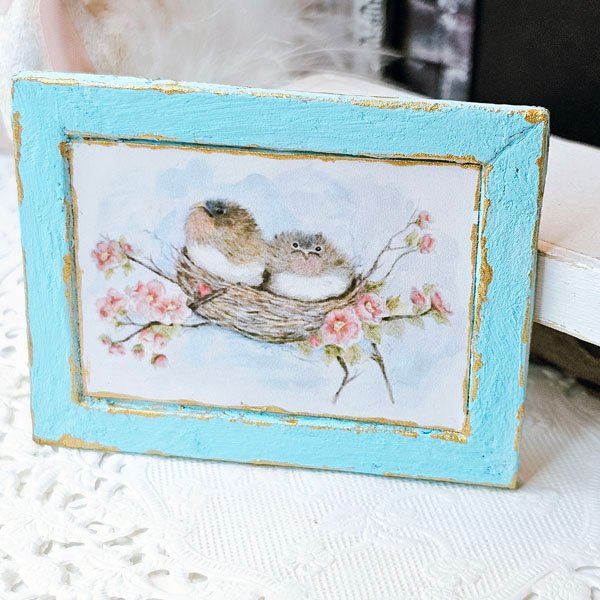 Bird Nest Roses No.5:2 Dollhouse Miniature Handmade Wooden Framed Art image 4