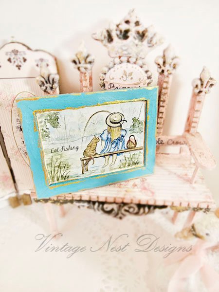 Cat Fishing No.1:3 Dollhouse Miniature Handamade Wooden Framed Art image 2