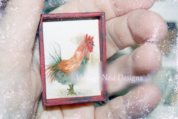 Rooster No.3:2 Dollhouse Miniature Handmade Wooden Framed Art image 2