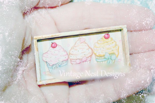 Three Cupcakes No.4:5 Dollhouse Miniature Handmade Wooden Framed Art image 5