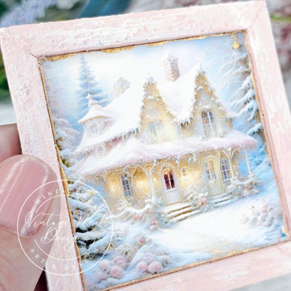 Christmas Cottage No.1:1 Dollhouse Miniature Handmade Wooden Framed Art image 3
