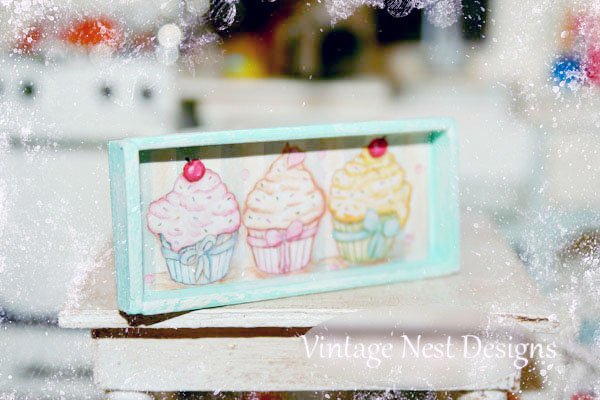 Three Cupcakes No.4:5 Dollhouse Miniature Handmade Wooden Framed Art image 3