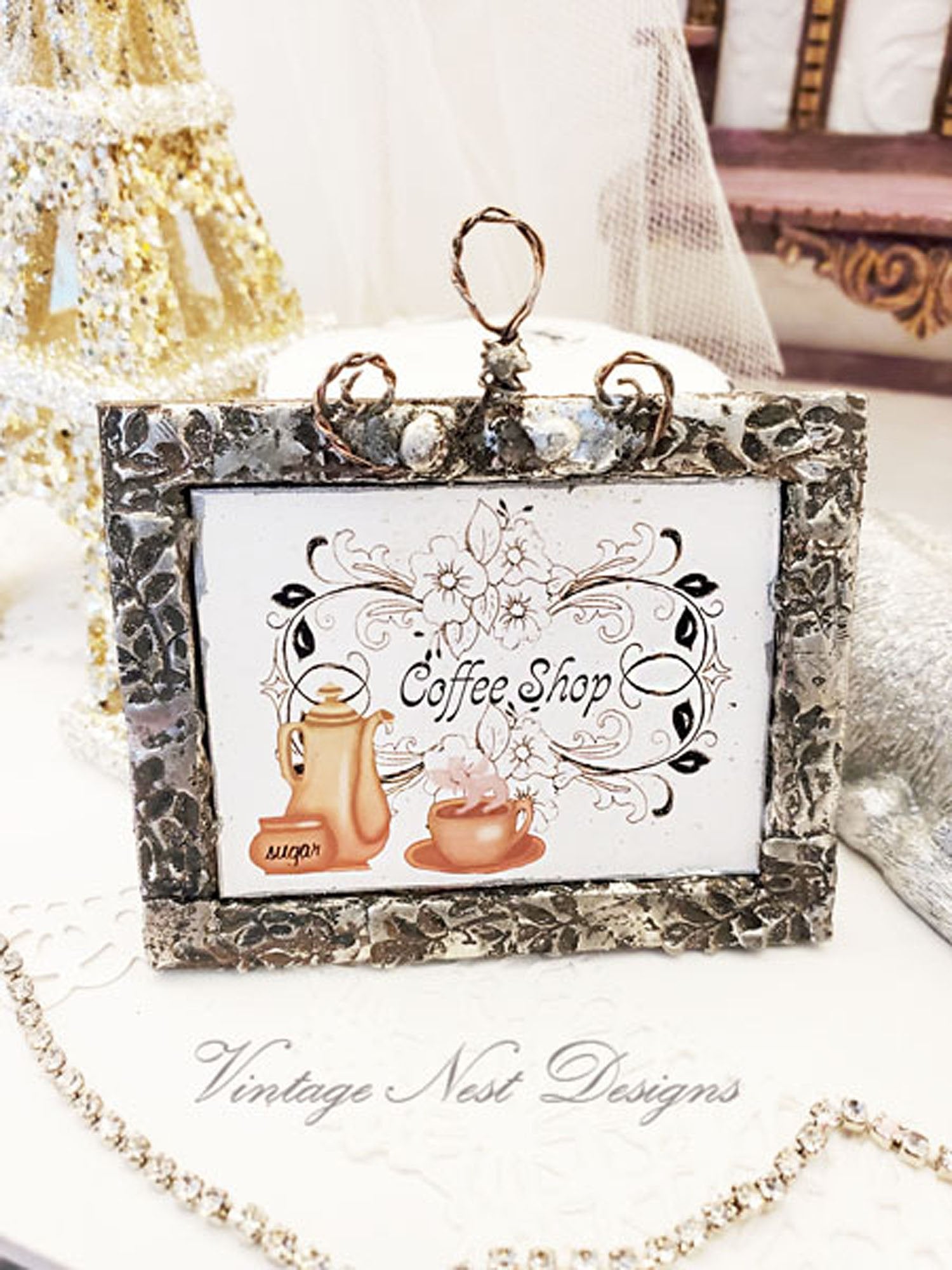 Coffee Shop Graphic No.1:2 Dollhouse Miniature Handmade Metal Framed Art image 1