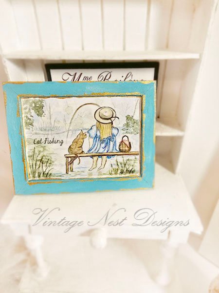 Cat Fishing No.1:3 Dollhouse Miniature Handamade Wooden Framed Art image 3