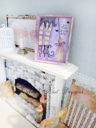 Witch If Broom Fits No.1:1 Dollhouse Miniature Handmade Wooden Framed Art image 3