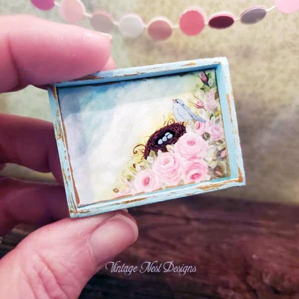 Bird Nest Roses No.1:1 Dollhouse Miniature Handmade Wooden Framed Art image 6