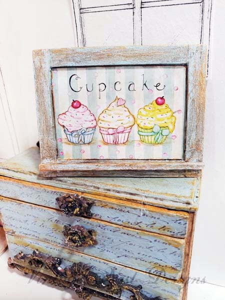 Three Cupcakes No.4:2 Dollhouse Miniature Handmade Wooden Framed Art image 2
