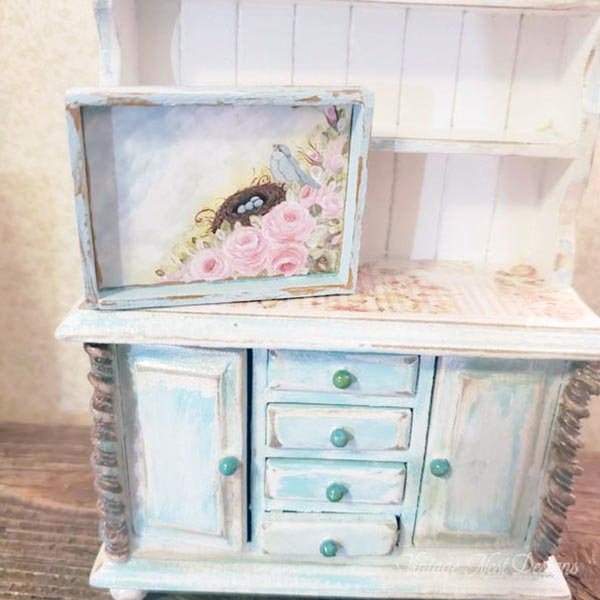 Bird Nest Roses No.1:1 Dollhouse Miniature Handmade Wooden Framed Art image 1