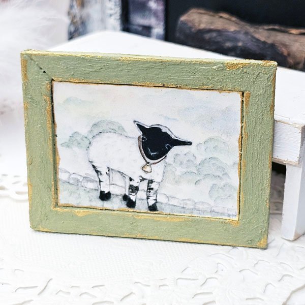 Nursery Lamb No.1:3 Dollhouse Miniature Handmade Wooden Framed Art image 0