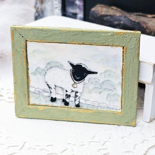 Nursery Lamb No.1:3 Dollhouse Miniature Handmade Wooden Framed Art image 0