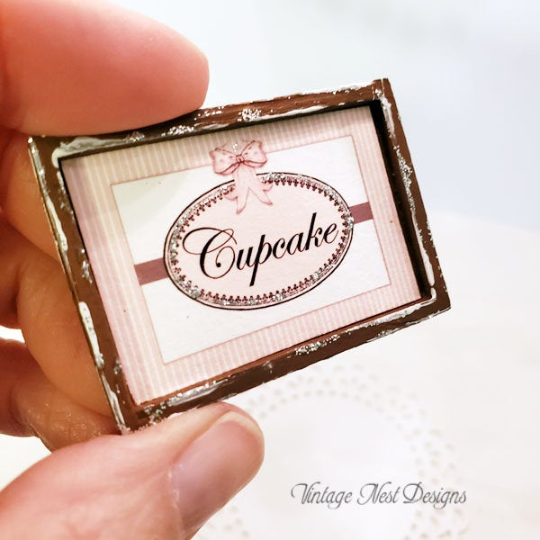 Cupcake Sign No.1:2 Dollhouse Miniature Handmade Wooden Framed Art image 2