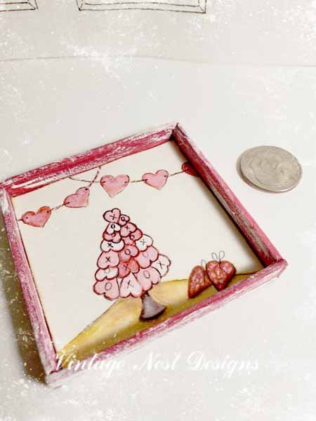 Hearts Bunting No.1 Dollhouse Miniature Handmade Wooden Framed Art image 2