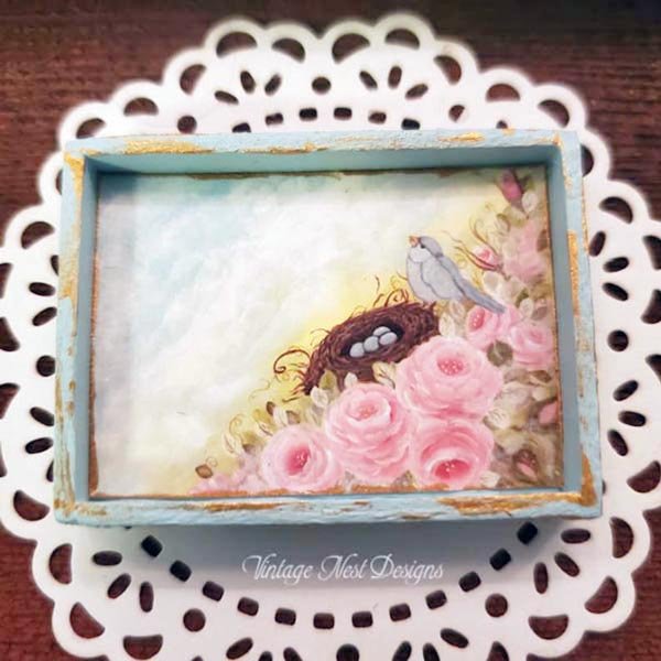 Bird Nest Roses No.1:1 Dollhouse Miniature Handmade Wooden Framed Art image 8