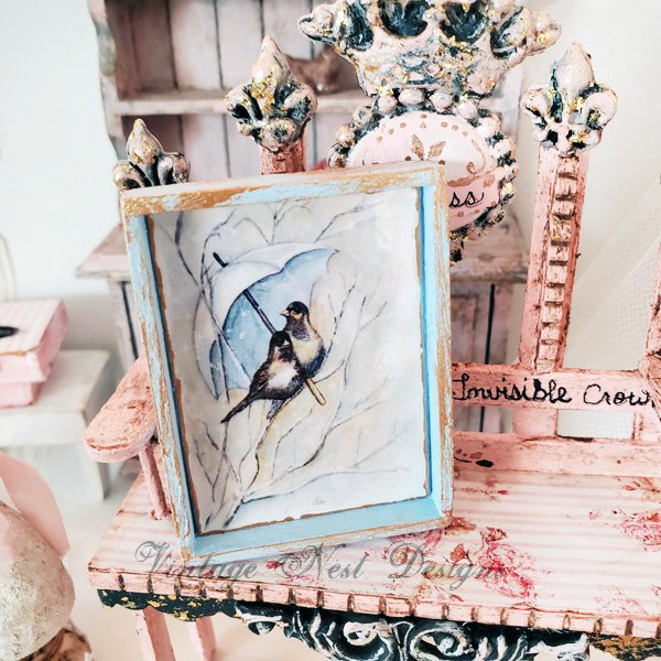 Winter Snowbirds No.1:1 Dollhouse Miniature Handmade Wooden Framed Art image 2