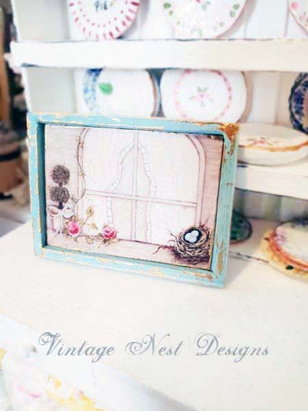 Bird Nest Topiary No.1:2 Dollhouse Miniature Handmade Wooden Framed Art image 2