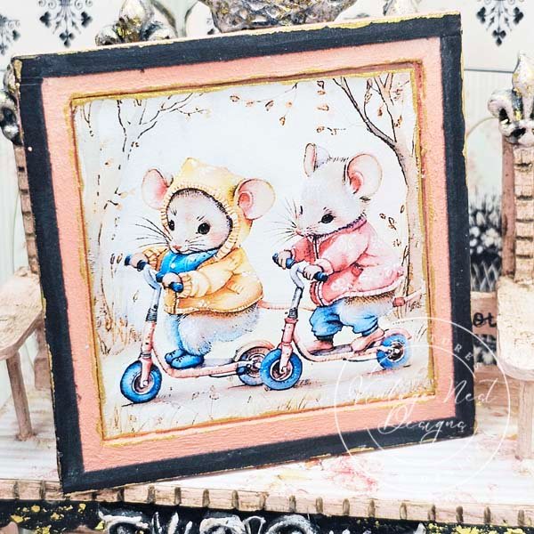 Nursery Mice No.1:3 Dollhouse Miniature Handmade Wooden Framed Art image 1