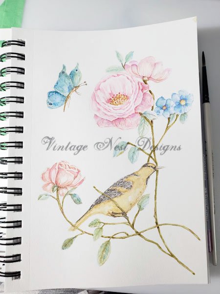 Bird Nest Roses No.5:1 Digital Prints Watercolor Painting image 3