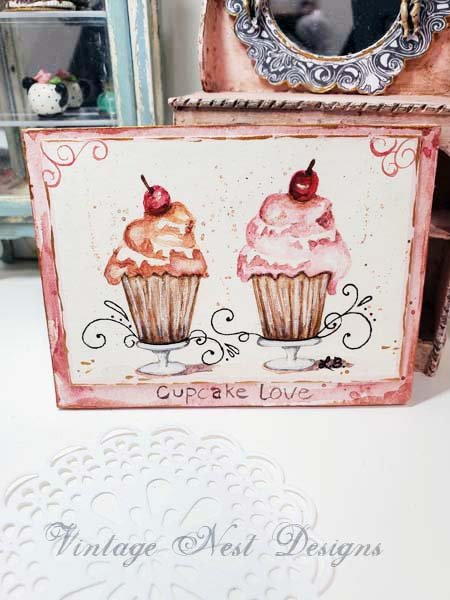 Le Treats Two Cupcakes No.2:3 Dollhouse Miniature Handmade Wooden Framed Art image 0