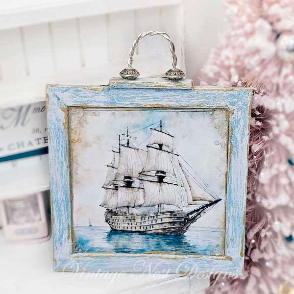 Ship Sailing Away No.1:1 Dollhouse Miniature Handmade Wooden Framed Art image 0