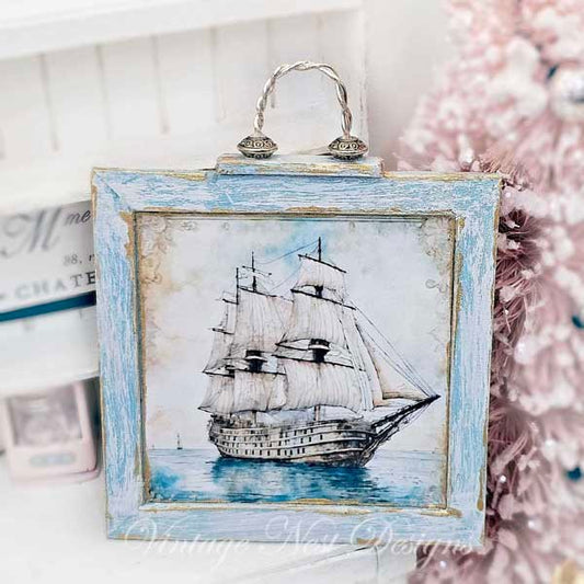 Ship Sailing Away No.1:1 Dollhouse Miniature Handmade Wooden Framed Art image 0
