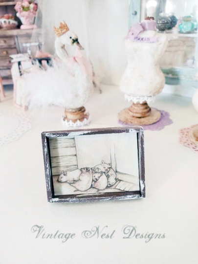 Piglets No.1:1 Dollhouse Miniature Handmade Wooden Framed Art image 0
