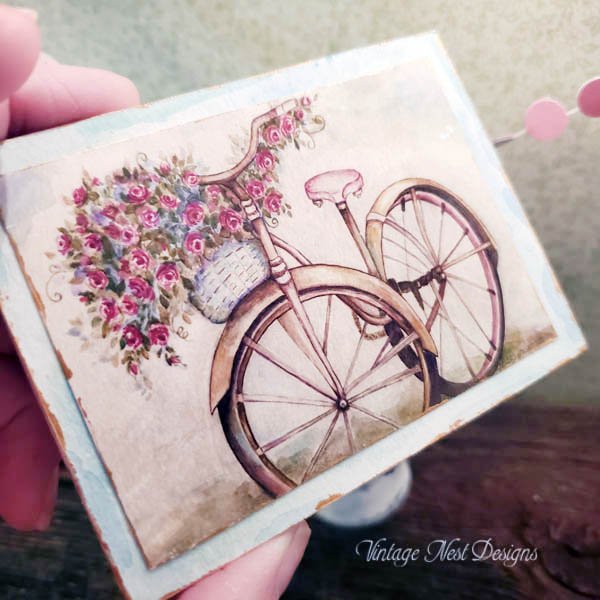 Roses on a Bicycle No.1:2 Dollhouse Miniature Handmade Wooden Framed Art image 1