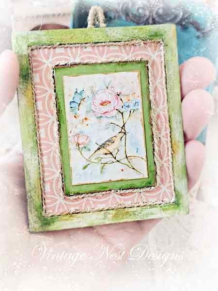 Bird Nest Roses No.5:1 Dollhouse Miniature Handmade Wooden Framed Art image 3