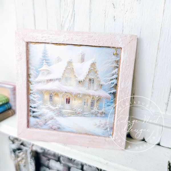 Christmas Cottage No.1:1 Dollhouse Miniature Handmade Wooden Framed Art image 5