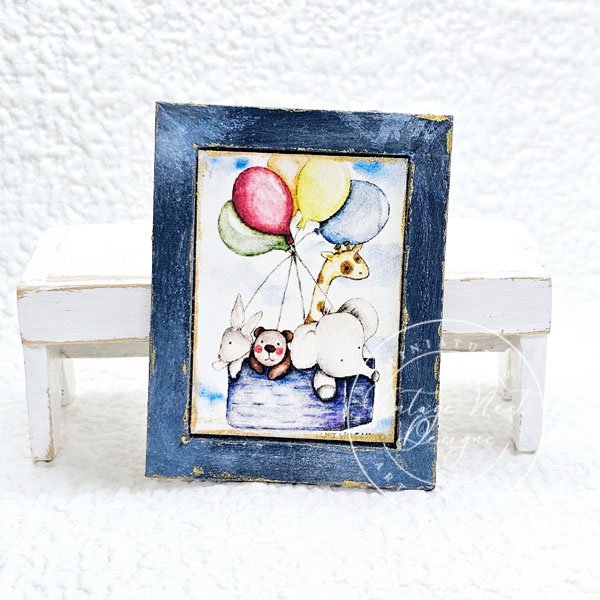 Animals & Balloons No.1:2 Dollhouse Miniature Handmade Wooden Framed Art image 0