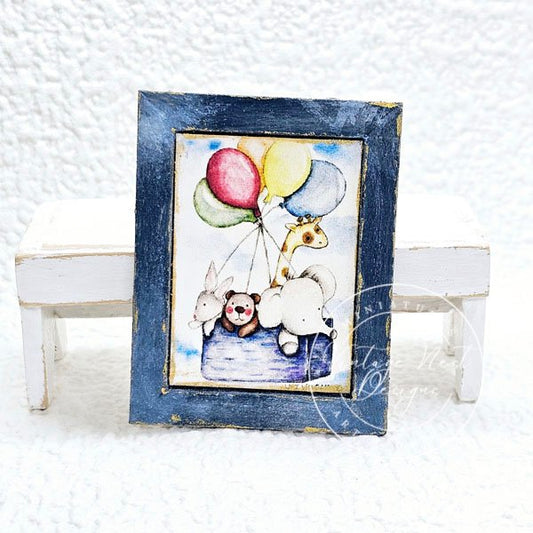 Animals & Balloons No.1:2 Dollhouse Miniature Handmade Wooden Framed Art image 0