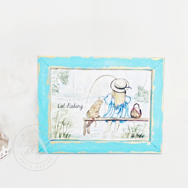 Cat Fishing No.1:3 Dollhouse Miniature Handamade Wooden Framed Art image 0