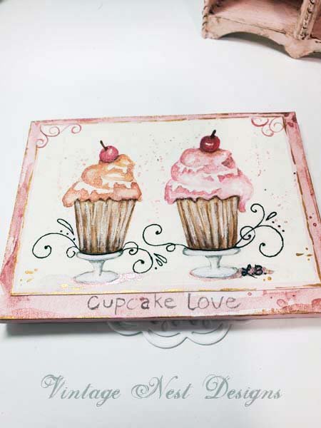 Le Treats Two Cupcakes No.2:3 Dollhouse Miniature Handmade Wooden Framed Art image 1