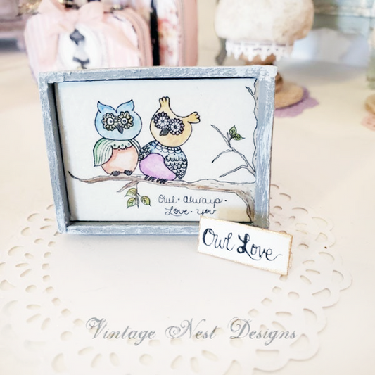 Owl Always Love You No.1:1 Dollhouse Miniature Handmade Wooden Framed Art image 0