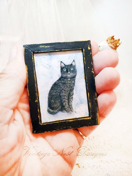 Black Cat No.1:1 Dollhouse Miniature Handmade Wooden Framed Art image 2