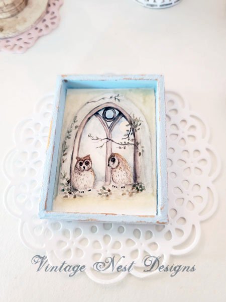 Two Owls in a Window No.1:1 Dollhouse Miniature Handmade Wooden Framed Art image 2