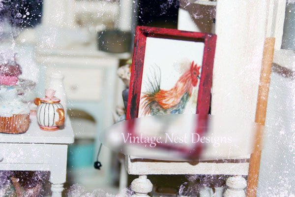 Rooster No.3:2 Dollhouse Miniature Handmade Wooden Framed Art image 1